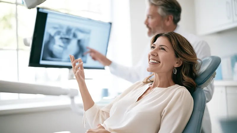 Woman in her forties smiling in a dental chair as her dentist reviews a treatment plan on a wall screen, a cost a $2,000 loan might cover