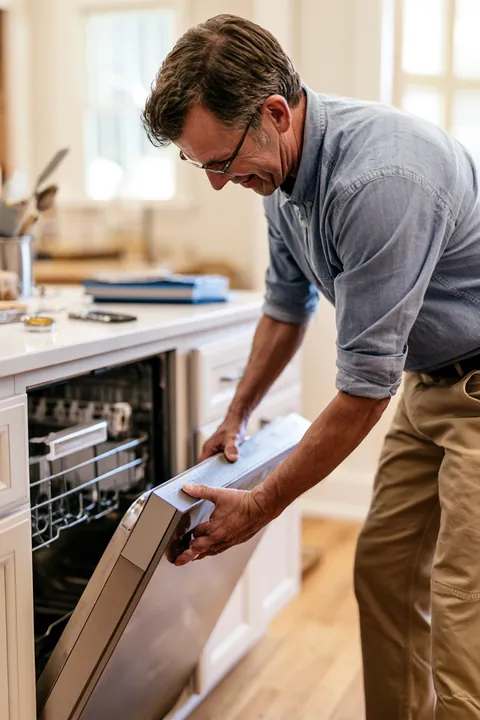 Over-the-shoulder view of a man in his fifties sliding a new dishwasher into place under a kitchen counter