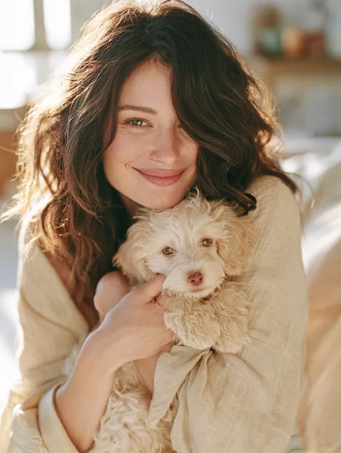 Woman in her forties holding a puppy close and smiling at home