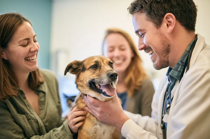 Couple in their thirties holding their dog while a veterinarian gently examines it, the kind of surprise bill a $2,500 loan can help cover