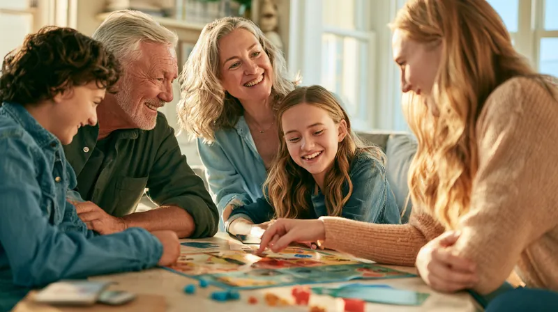 Multigenerational family playing a board game together around a living room coffee table