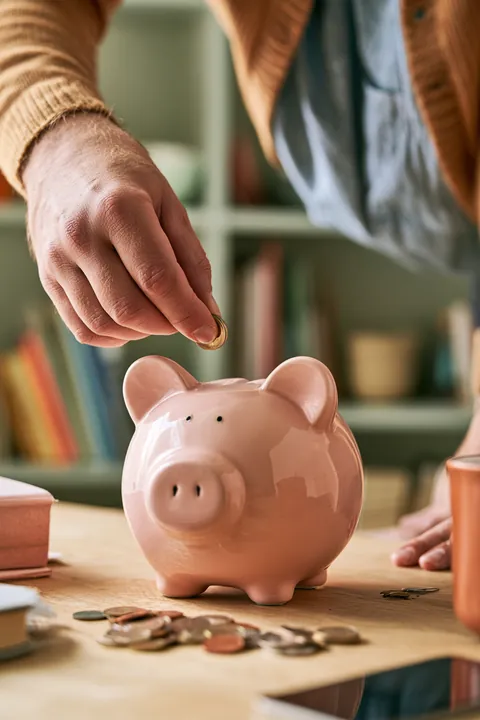 Hands of a man dropping coins into a ceramic piggy bank on a bookshelf, the kind of habit a Hidden Meadow Lending backup plan starts with