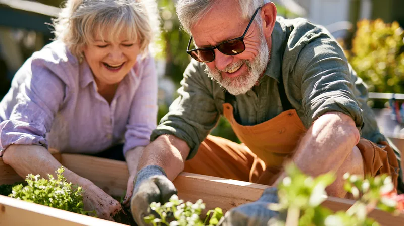 Retired couple in their sixties planting fresh herbs together in raised garden beds behind their home