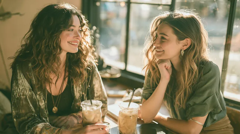 Two friends in their late 20s chatting over iced coffees at a sunlit window counter while comparing loan options
