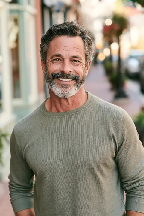 Man in his 50s with a salt-and-pepper beard smiling warmly on a downtown sidewalk, a Hidden Meadow Lending reader who compared lenders before borrowing