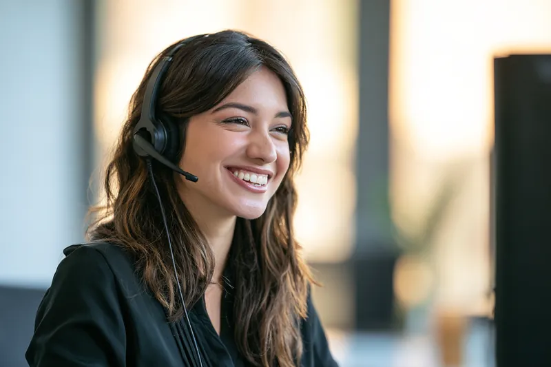 Customer care representative in her thirties wearing a headset and smiling while helping a caller