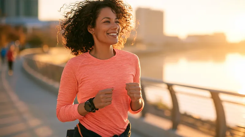 Woman in her forties jogging along a riverside path at sunrise, relieved after simplifying her card debt with Hidden Meadow Lending