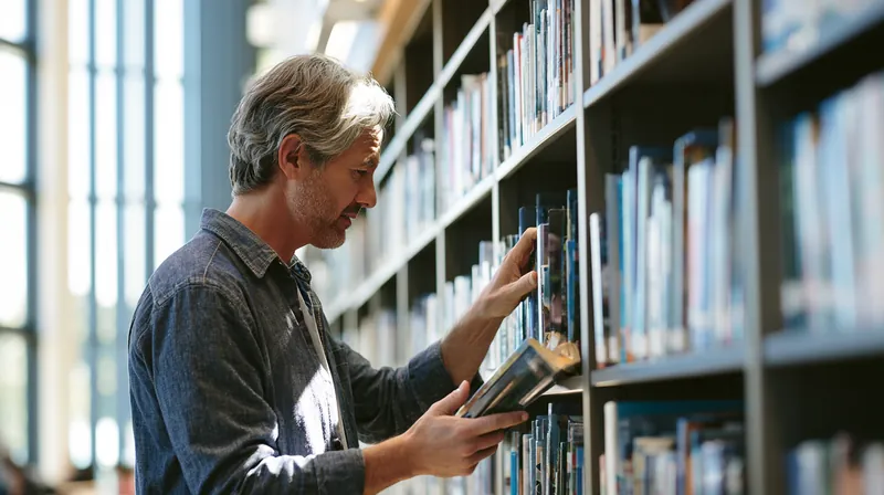 Man in his forties browsing book shelves in a bright modern public library with tall windows
