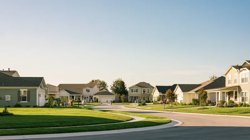 Neighbors waving across sunny front lawns on a quiet suburban street