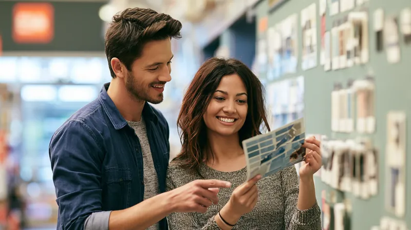 Couple in their 30s comparing paint swatches in a hardware store aisle while planning a home repair budget