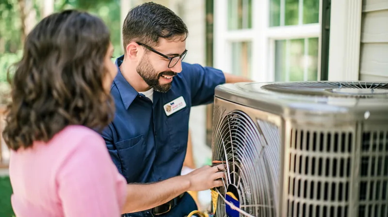 HVAC technician in his thirties servicing an outdoor air conditioning unit while the homeowner watches, an urgent repair a Hidden Meadow Lending request could help cover