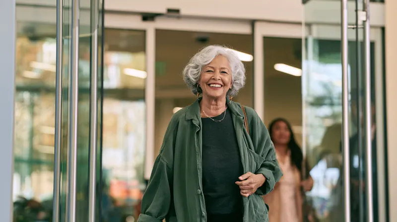 Woman in her sixties smiling as she walks out of a modern clinic entrance after an appointment, the kind of visit a Hidden Meadow Lending request could help pay for