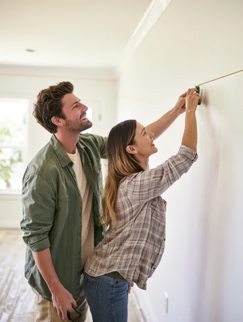 Couple in their thirties measuring a wall for a new shelf in a bright, empty apartment they just moved into