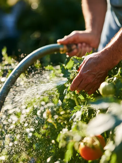 Hands of a man watering tomato plants with a garden hose, a calm moment while reviewing Hidden Meadow Lending eligibility steps