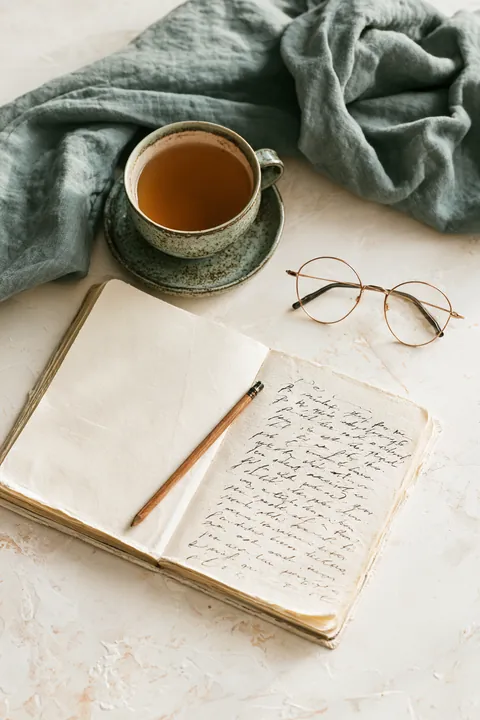 Top-down flat lay of an open notebook with a handwritten word list, a pencil, a cup of tea and reading glasses, like a Hidden Meadow Lending glossary study session