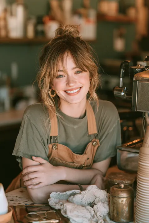Smiling young barista standing behind the espresso counter of a busy coffee shop