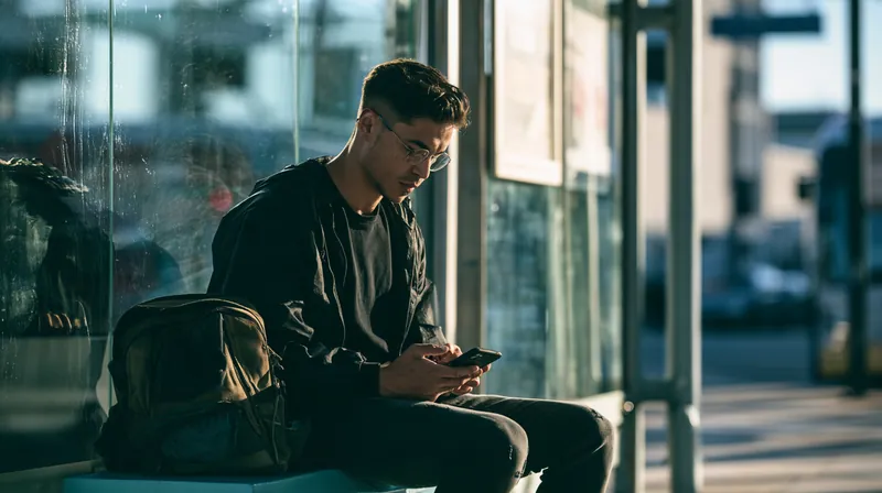 Man in his 20s checking his phone at a modern bus stop while comparing a cash advance app with a personal loan