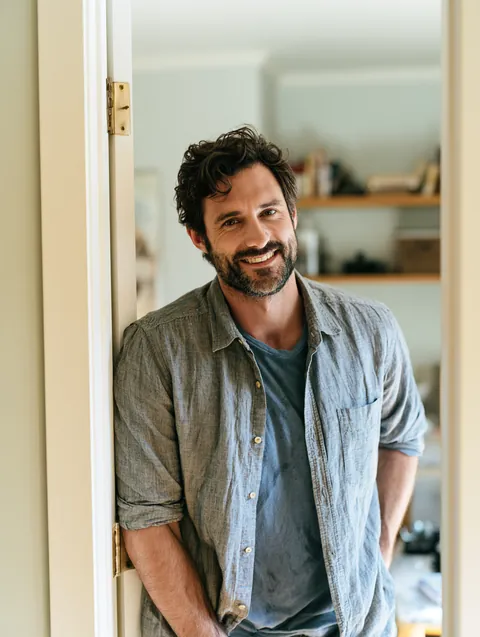 Man in his thirties leaning in the doorway of his freshly painted apartment