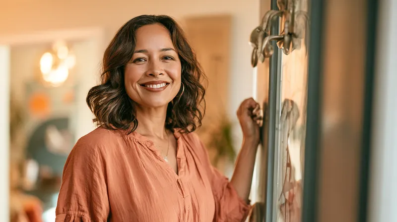 Smiling woman in her forties closing the front door of her home behind her