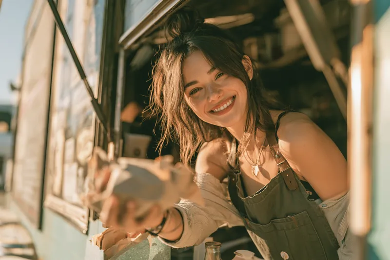 Food truck owner in her twenties handing an order through the service window, a small business owner who might compare short-term offers through Hidden Meadow Lending